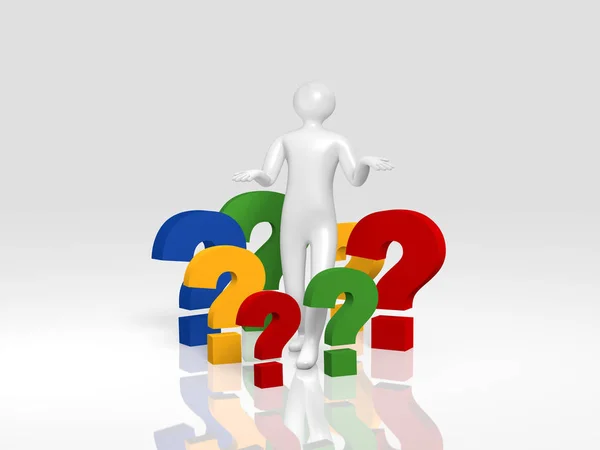 3d male stands in many colorful question marks. — Stock Photo, Image