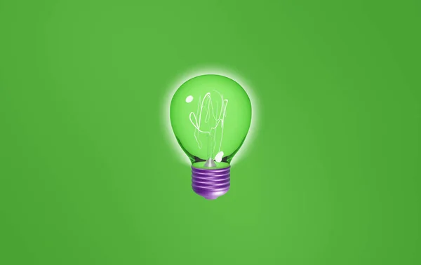 Bright Green Bulb Purple Socket Green Background Rendering — Stock Photo, Image