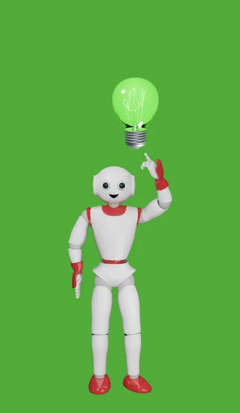 Cute Robot Points His Index Finger Glowing Light Bulb Rendering — Stock Photo, Image