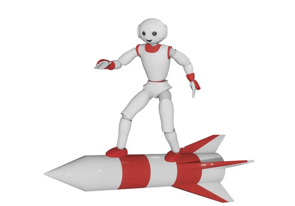 Cute Robot Jest Latający Stojąc Rakiecie Renderowanie Izolowane Białym — Zdjęcie stockowe