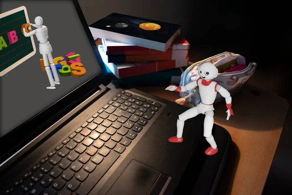 cute robot helper runs on the keyboard of a laptop during online lessons. 3d illustration