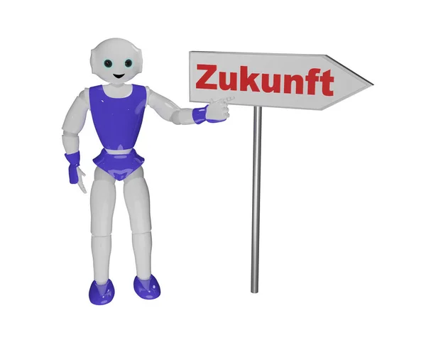 Robot Ukazuje Prstem Šipku Nápisem Budoucnost Německém Textu Vykreslování — Stock fotografie