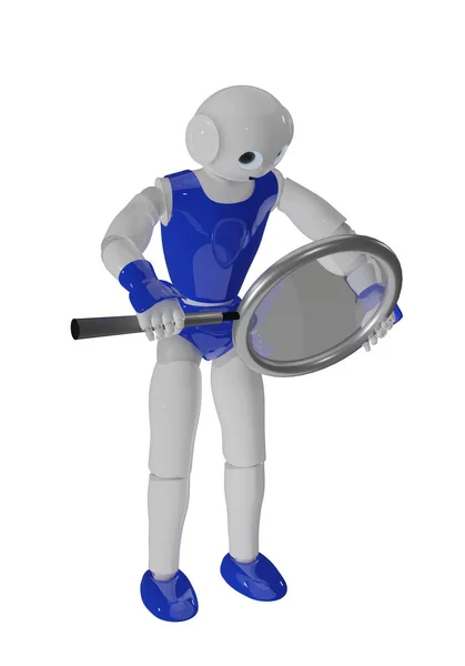 Niebieski Biały Robot Patrzy Przez Szkło Powiększające Renderowanie Białym Izolowanym — Zdjęcie stockowe