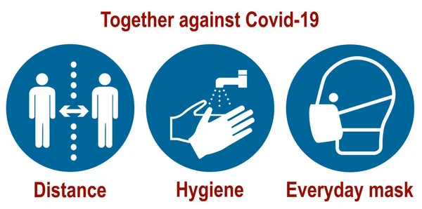 Covid-19 koronavirüs için zorunlu işaretlere karşı birlikte (mesafe, hijyen, günlük maske), vektör