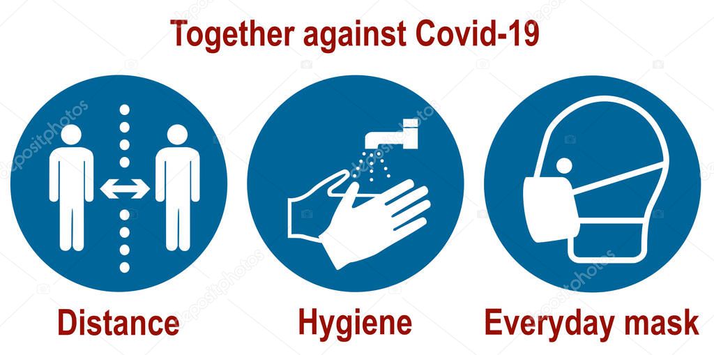 Together against Covid-19 mandatory signs for the coronavirus (distance, hygiene, everyday mask), vector