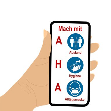 Cep telefonunda AHA formülü var. Almanca metin: Mach mit; AHA, mesafe, hijyen, günlük maske. Vektör dosyası