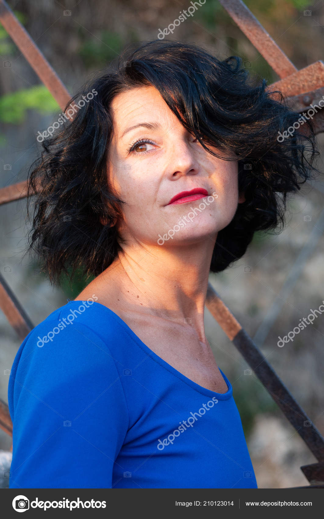 Half Length Portrait Lady Blue Dress Wavy Dark Hair Happy Stock