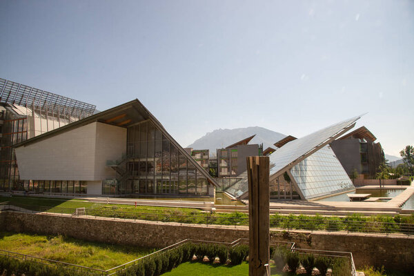 Exterior detail of the MUSE Le Albere residential district, designed by the Italian architect Renzo Piano, year 2013. Trento, Italy