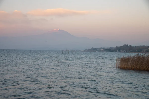 Pohled Jezera Garda Poblíž Peschiera Itálie Zimní Jezero Vlnami Reed — Stock fotografie