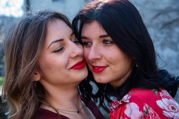 Close Dois Amigos Lésbicas Com Bochechas Descansando Uma Loira Outra — Fotografia de Stock