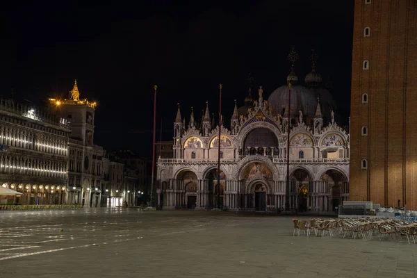 Photographie Nocturne Basilique Saint Marc Tour Horloge Venise Italie Vue — Photo