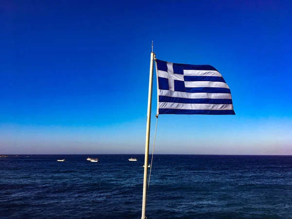 Nationalflagge Griechenlands Hintergrund Mit Meer Und Himmel Santorini — Stockfoto