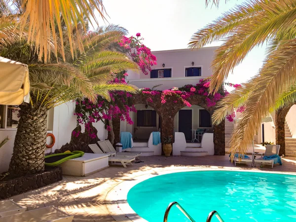 Small pool with palm trees and bougainvillea flowers on the island of Santorini in Greece in Kamari. Clear water with sun beds for sunbathing.