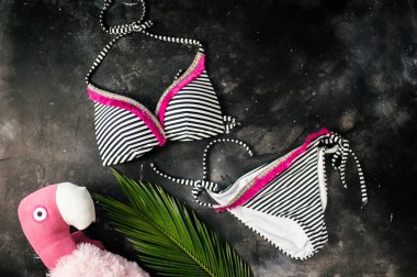 Kadın yaz bikini mayo ve aksesuarları üstten görünüm palmiye dalları flamingo oyuncak jestleri zemin üzerine