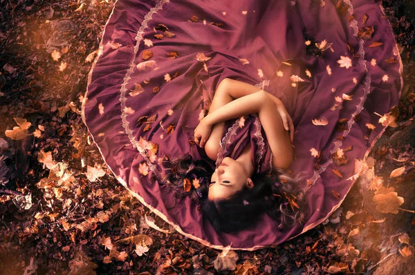 Mujer atractiva joven en vestido púrpura acostado en medio de las hojas de otoño. Vista superior, hojas cayendo — Foto de Stock