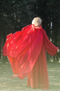 Kadın moda kırmızı elbise, rüzgarla, ipek kumaş uçan ile kız sallayarak elbisesi