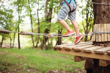 Ağaçların arasından geçen genç çocuk, macera parkında ekstrem spor