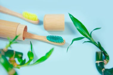 Bambu diş fırçası ve metin alanı ile düz yatıyordu kompozisyon