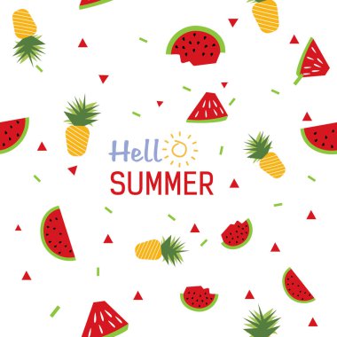 Merhaba Summer doodle illüstrasyonu, el çizimi harfler ve meyve çizgi film karakterleri. Vektör illüstrasyonu