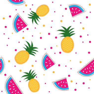 Merhaba Summer doodle illüstrasyonu, el çizimi harfler ve meyve çizgi film karakterleri. Vektör illüstrasyonu