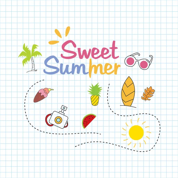 Hallo Sommer Doodle Illustration Mit Handgezeichneten Schriftzügen Und Obst Cartoon — Stockvektor