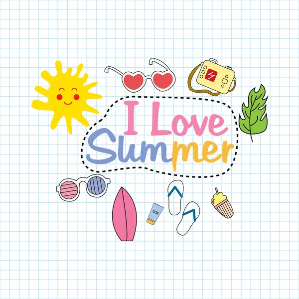 Hallo Sommer Doodle Illustration Mit Handgezeichneten Schriftzügen Und Obst Cartoon — Stockvektor