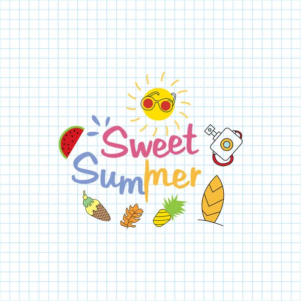 Hello Summer Doodle Illustration Hand Drawn Lettering Fruit Cartoon Characters — Stock Vector