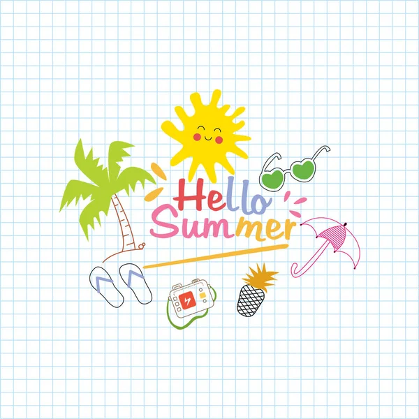 Hallo Sommer Doodle Illustration Mit Handgezeichneten Schriftzügen Und Obst Cartoon — Stockvektor