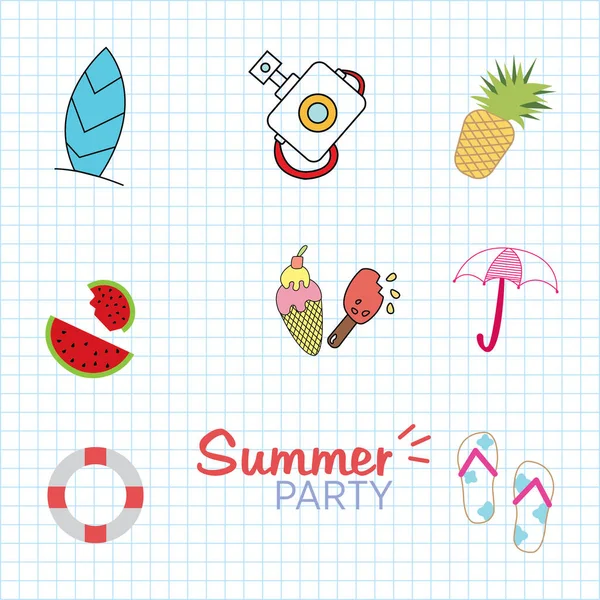 Hallo Sommer Doodle Illustration Mit Handgezeichneten Schriftzügen Und Obst Cartoon — Stockvektor