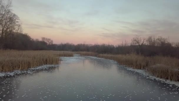 Río Congelado Con Los Colores Púrpura Rojo Rosa Reflejos Una — Vídeos de Stock