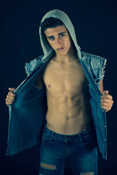 Portrait Teenager Boy Hood Jeans Jacket Naked Torso Black Background — Stock Photo, Image