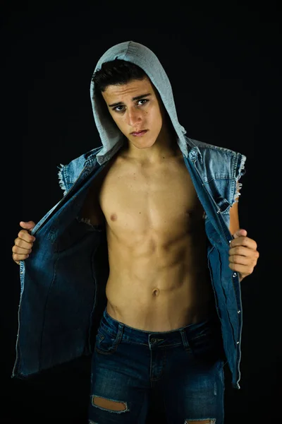 Close up of a 16 Y Boy with Jeans Hood. — Stock Photo, Image