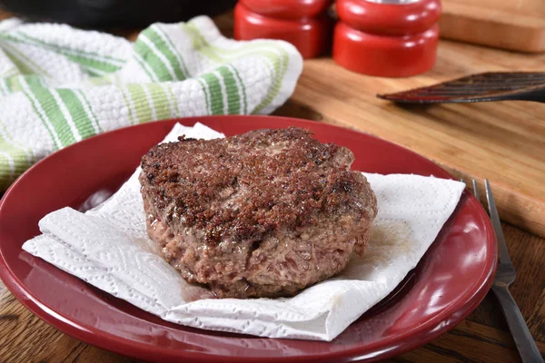 Thick Hamburger Being Blotted Paper Towel — Stock Photo, Image