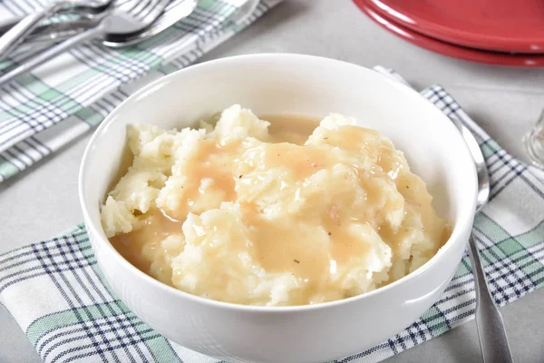 Serving Bowl Mashed Potatoes Turkey Gravy — Stock Photo, Image