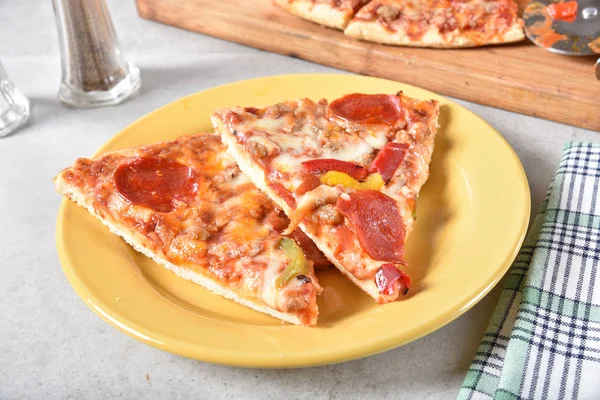 Close Plate Two Slices Pepperoni Pizza — Stock Photo, Image