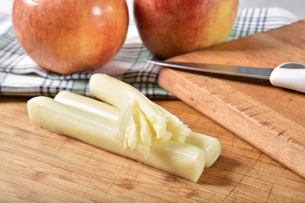 Sticks String Cheese Gaia Apples Cutting Board — Stock Photo, Image
