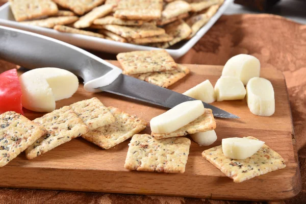 Gourmet Crackers Garlic Onion Sesame Poppy Caraway Seeds Slices Edam — Stock Photo, Image