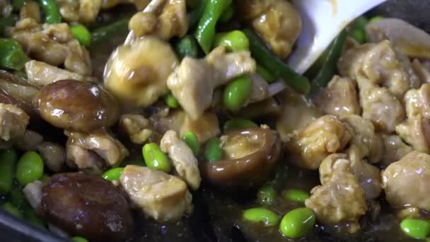 Stirring Chicken Shiitake Mushroom Stir Fry Slow Motion — Stock Video