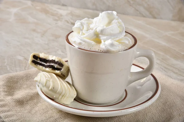 Cup Steaming Hot Chocolate Gourmet White Chocolate Covered Sandwich Cookies — Stock Photo, Image