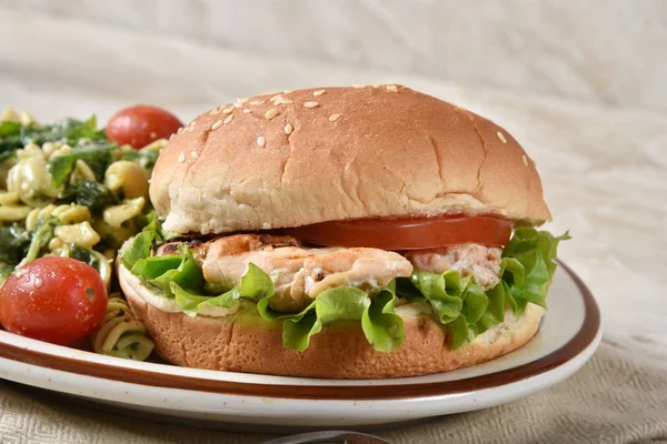 Een Gastronomische Tonijn Hamburger Met Een Salade Van Spinazie Pasta — Stockfoto