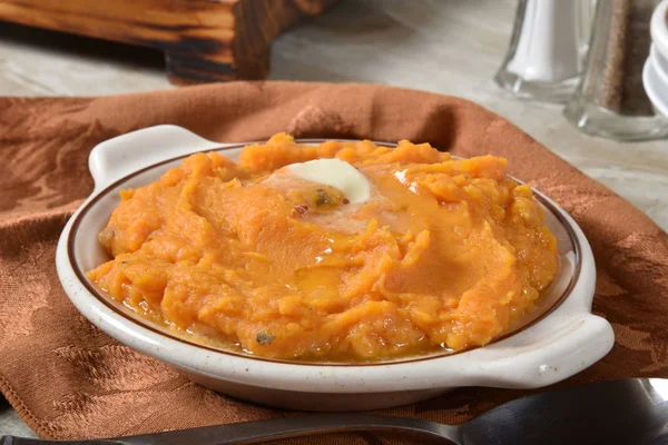 Bowl Steaming Hot Mashed Sweet Potatoes Creamy Butter Top — Stock Photo, Image