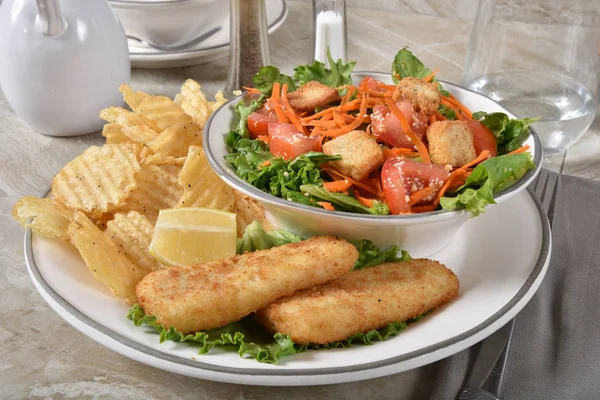 Breaded Fish Sticks Potato Chips Garden Salad — Stock Photo, Image