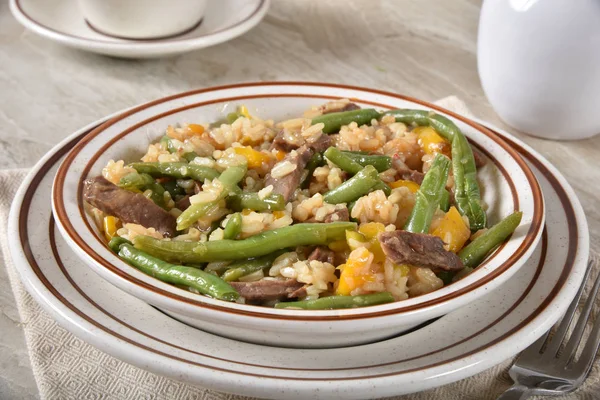 Gourmet Stir Frey Beef Yellow Bell Peppers Green Beans Rice — Stock Photo, Image