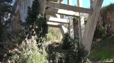 Tilt bir tarihi eski beton Kemer Köprüsü kurma vurdu içinde sarmaşık kaplı