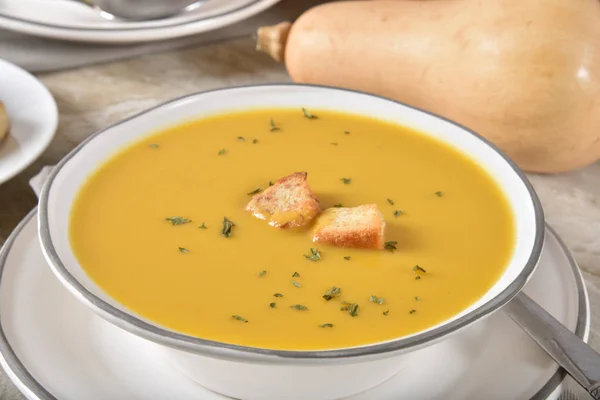 Closeup Bowl Butternut Squash Soup — Stock Photo, Image