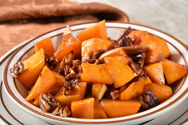 Tazón Calabaza Mantequilla Tostada Con Canela Jarabe Arce Pacanas — Foto de Stock