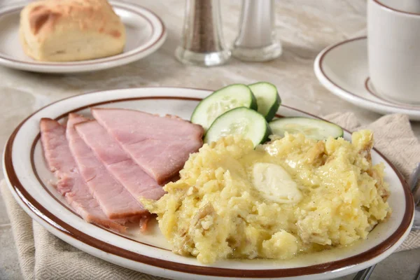 Sliced Roasted Ham Homemade Mashed Potatoes Butter Shallow Depth Field — Stock Photo, Image