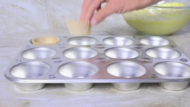 Putting Liners Cupcake Baking Tin — Stock Video