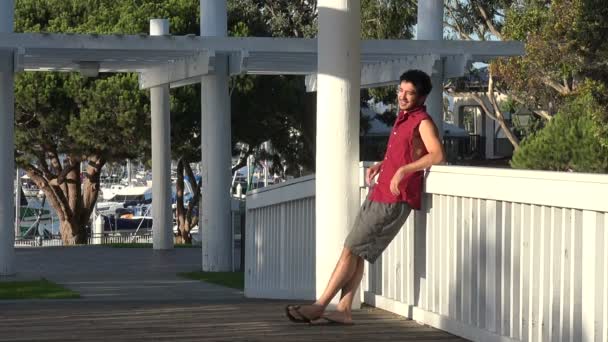 Carefree Young Man Walking Bridge Idyllic Location — Stock Video