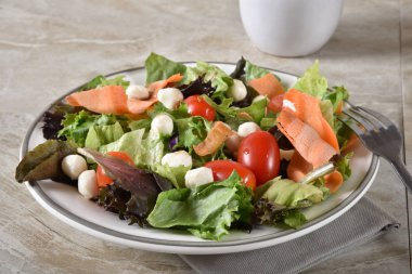 Havuç, üzüm domates ve mozzarella peynir topları ile taze yeşil salata